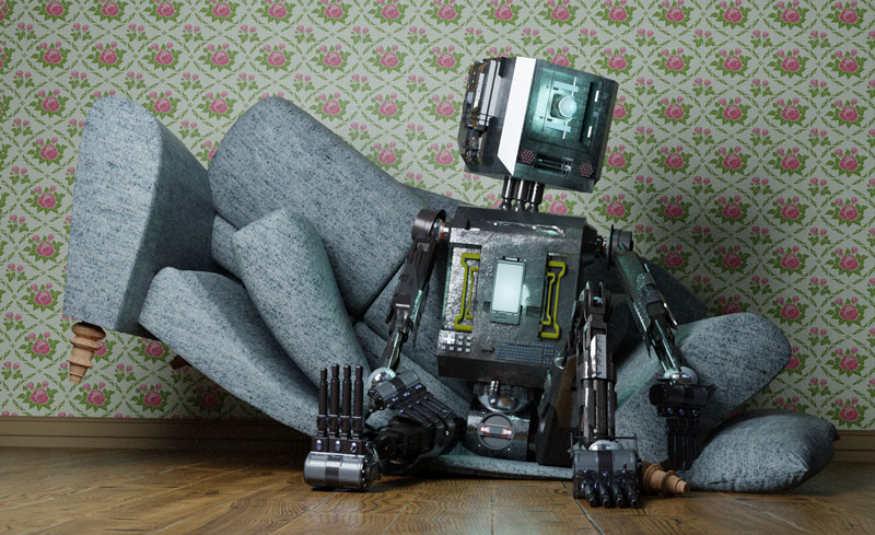 Ein Roboter sitzt auf der Couch