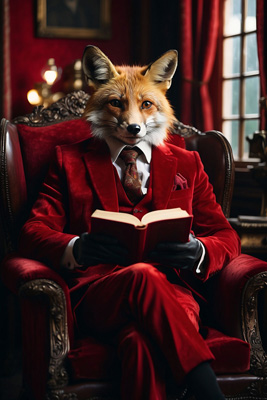 Ein Fuchs im roten Samtanzug liest ein Buch