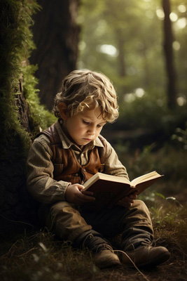 Ein kleiner Junge liest ein Buch