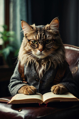 Eine Katze mit Brille liest ein Buch