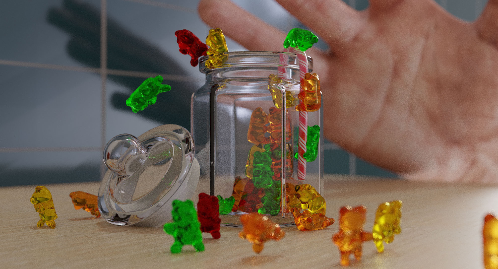 Lebensgefahr - Gummibärchen fliehen aus dem Glas
