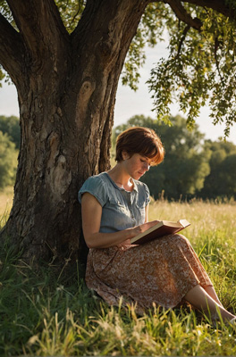 Eine Frau liest ein Buch unter einem Baum