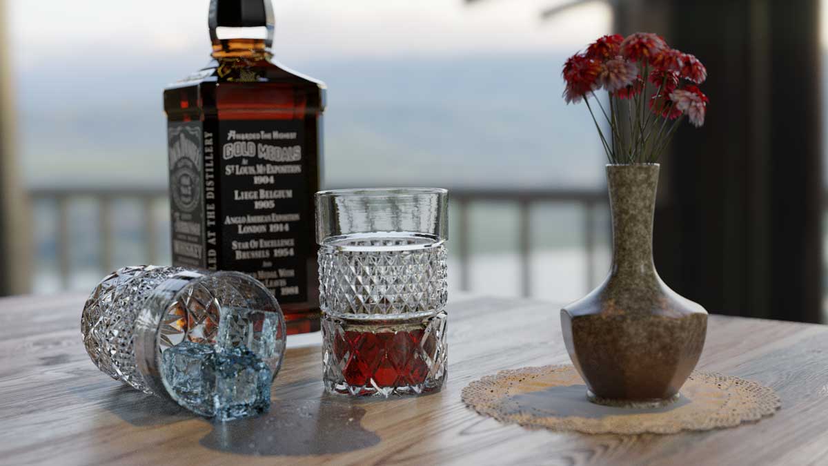 Whiskyglas und Flasche auf dem Tisch 