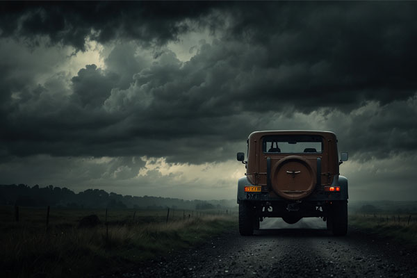 Ein einsame Straße mit Geländewagen
